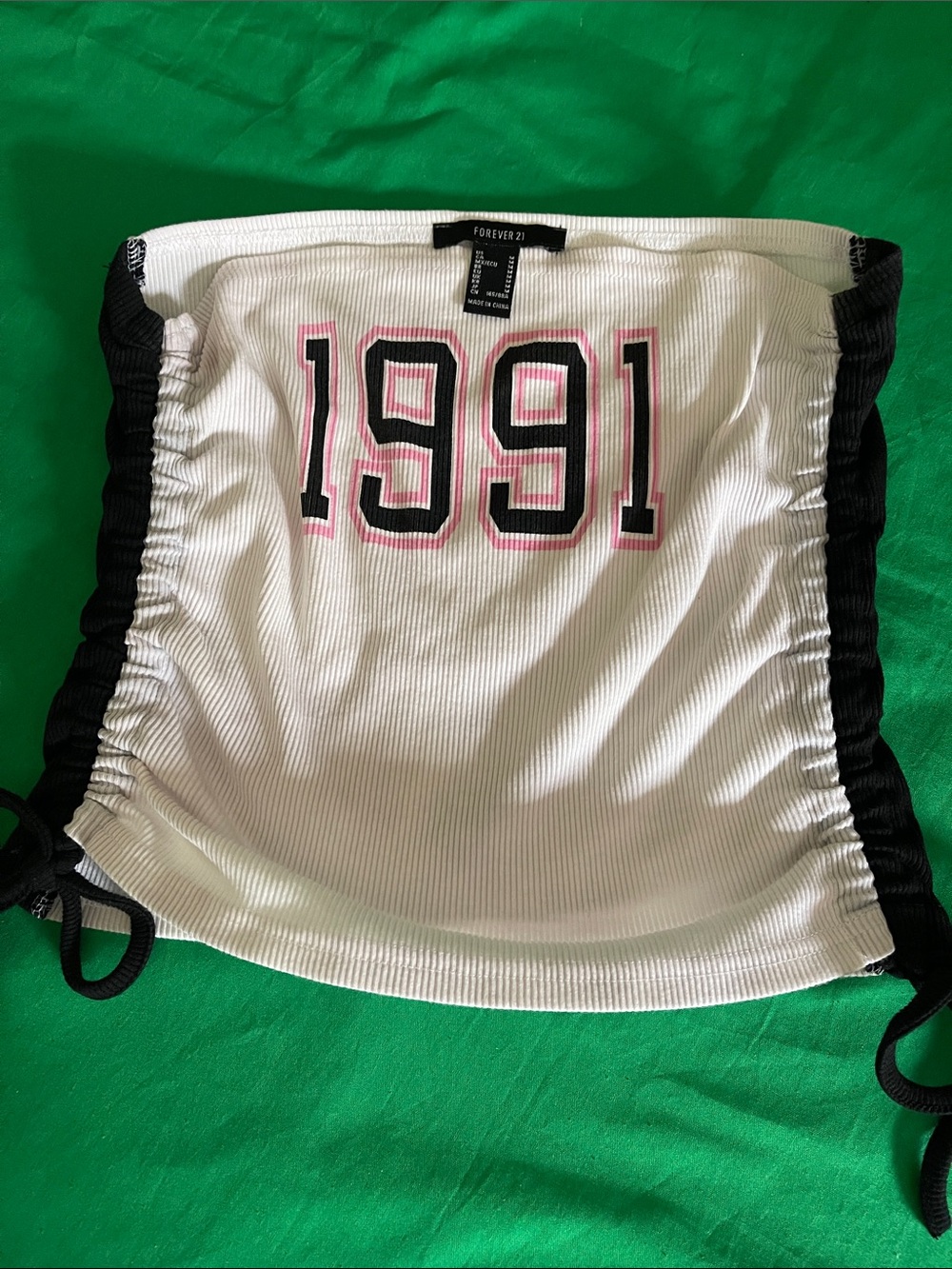 Forever 21 White Ribbed Tube Top with Black and Pink 1991 Graphic